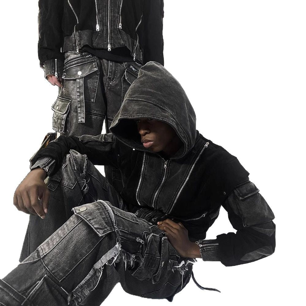 Multi-pocket Black Jeans Loose Drag